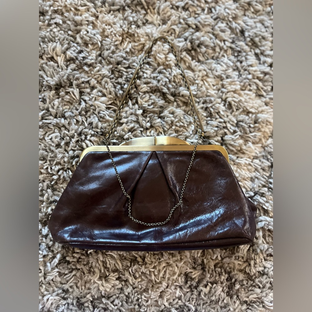 HOBO Dark Brown Leather Clutch with Gold Accents